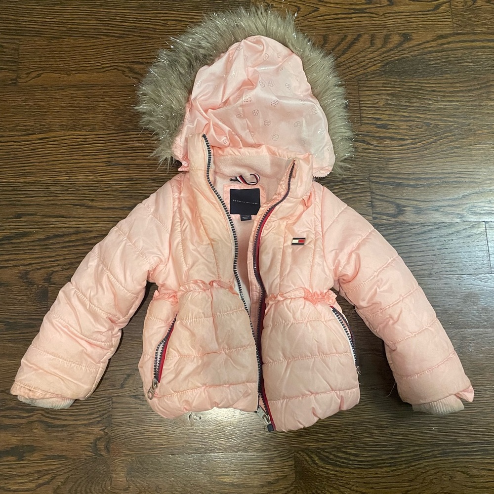 Tommy Hilfiger 3T puffer jacket pink with faux fur hood